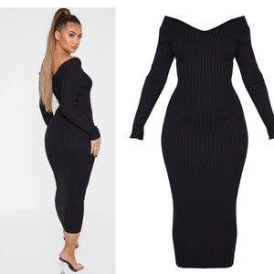 NEW BLACK OFF SHOULDER RIB KNITTED MIDAXI DRESS